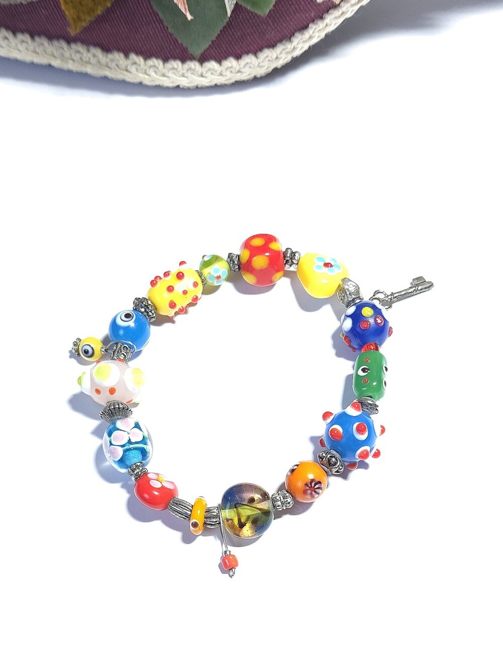 Handmade Lampwork & Murano Glass Beaded Stretch Bracelet with Silver Key Charm